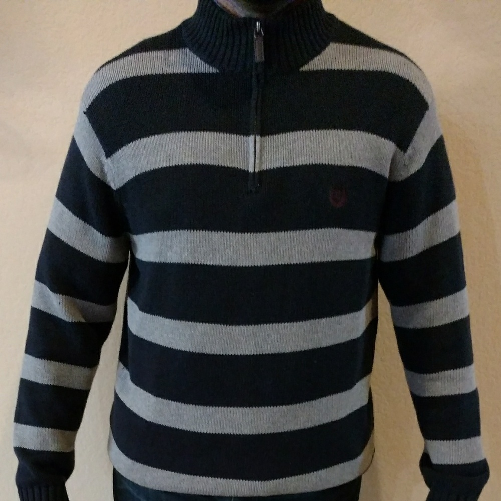 CHAPS L/G Blue/Grey Striped 1/4 zip Sweater - Picture 2 of 2